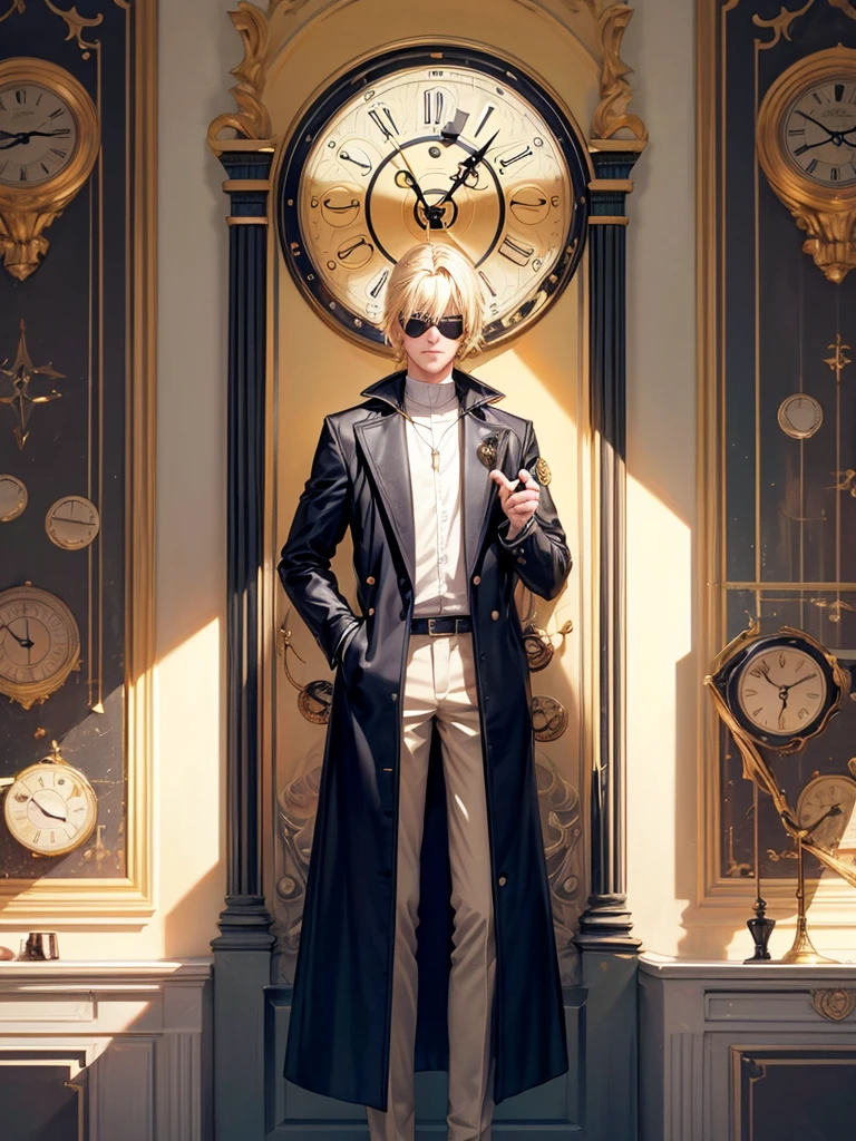 Highest quality,Highest Resolution,１Beautiful blonde boy in sunglasses,whole body,front,smile,(((Time is different１００Wall Clocks))),Standing posture,Stand in front of a wall full of clocks,Stand with your back to the wall,Point slightly upwards,Spotlight,Space of Nothingness,