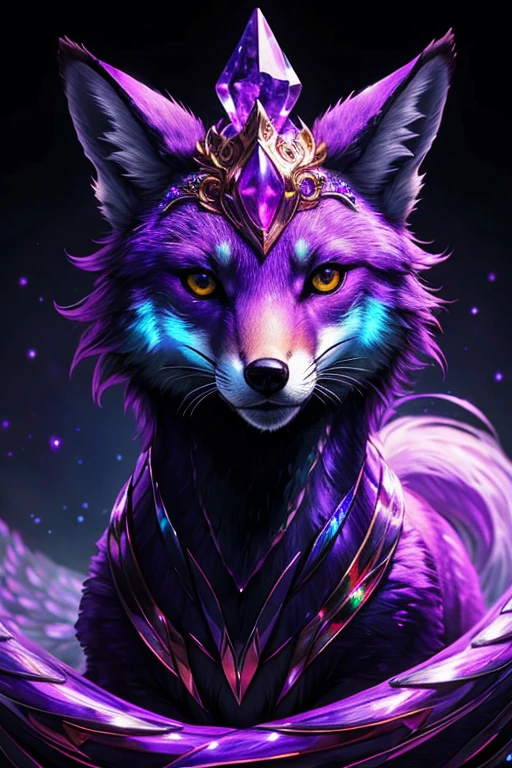 ((best quality)), ((masterpiece)), (detailed), （（glowing fox））。fox glow(Crystal rose), mythical fox spirit, shiny iridescent scales, shiny purple crystal fur, glowing eyes, high quality, highres, ultra-detailed, 