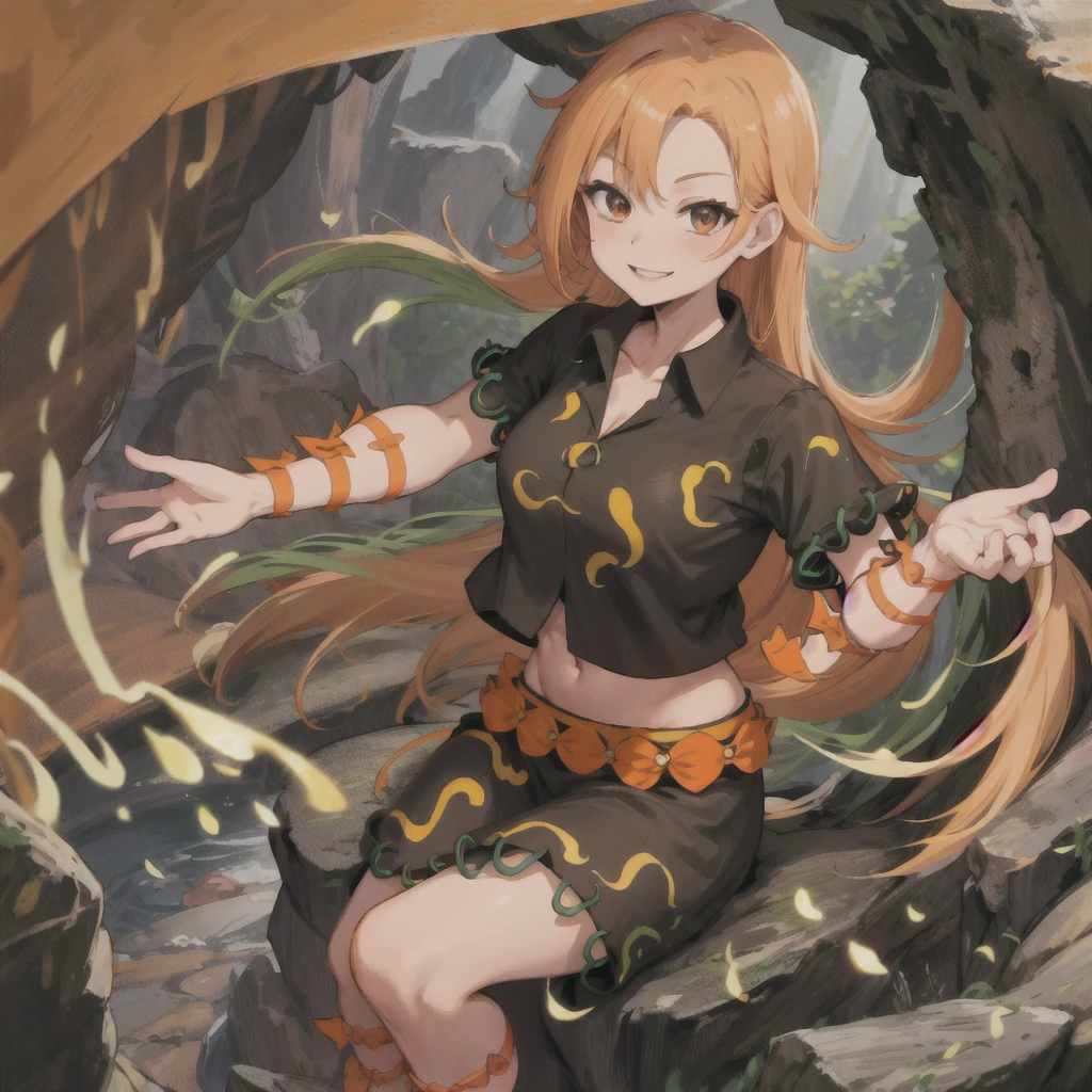 Bulbophyllum Momoyo, Patterned clothing, Black Shirt, Greenling, Orange Ribbon, Orange ribbon, Black Skirt, cave, rock, smile
 