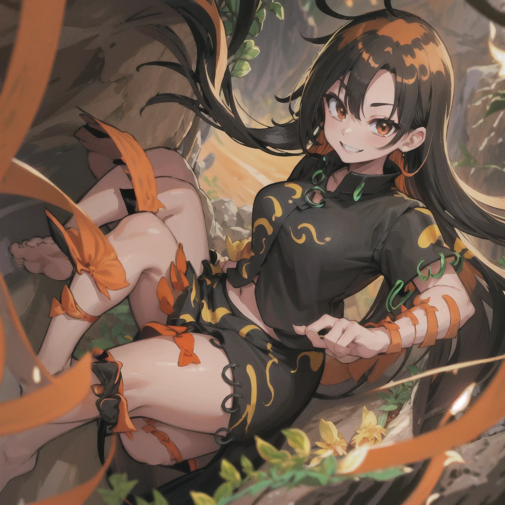 Bulbophyllum Momoyo, Patterned clothing, Black Shirt, Greenling, Orange Ribbon, Orange ribbon, Black Skirt, cave, rock, smile