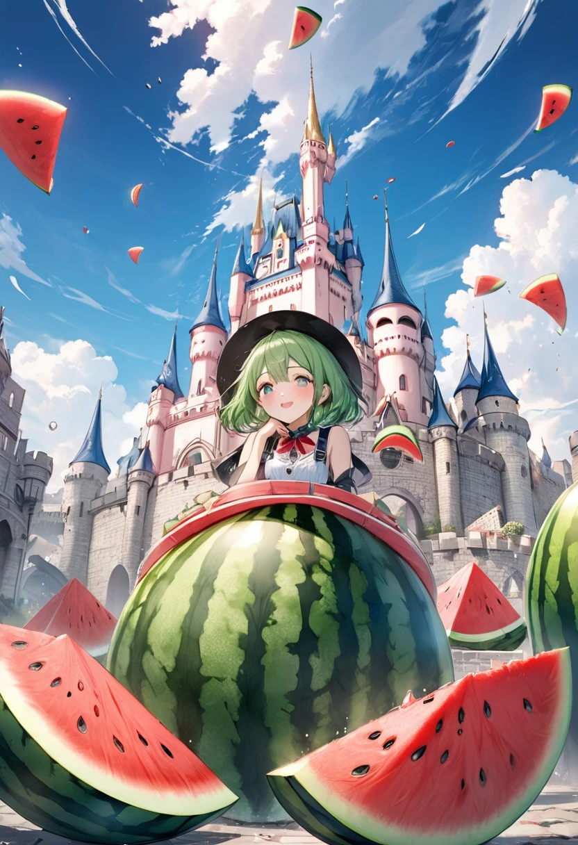 panoramic, (A stadium-sized watermelon Falling from the sky, into the castle), background castle town, BREAK, masterpiece, best quality, 16k, beautiful detailed watermelon, daydreaming expression.