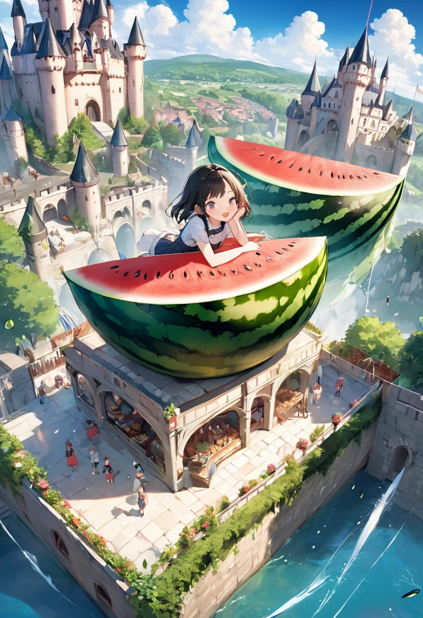 panoramic, (A stadium-sized watermelon Falling from the sky, into the castle), background castle town, BREAK, masterpiece, best quality, 16k, beautiful detailed watermelon, daydreaming expression.