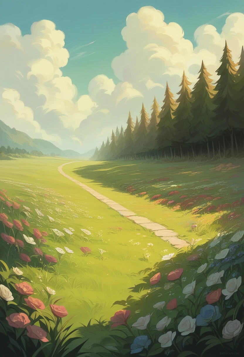Masterpiece, top quality, amazing detail, wide angle, 8K, 50% animated, 50% realistic, semi-realistic style. Countryside, grass, flowers, houses, wet road surface, summer clouds, very rich in colors.