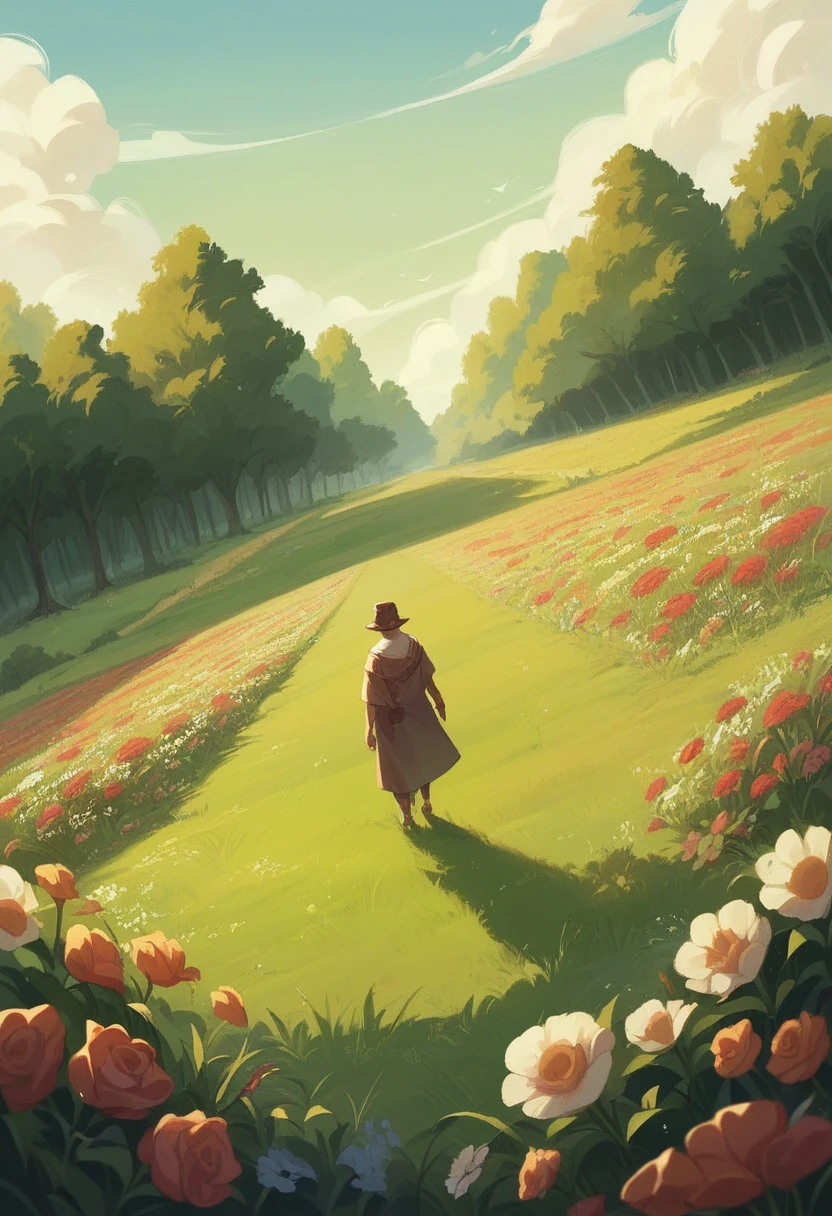 Masterpiece, top quality, amazing detail, wide angle, 8K, 50% animated, 50% realistic, semi-realistic style. Countryside, grass, flowers, houses, wet road surface, summer clouds, very rich in colors.