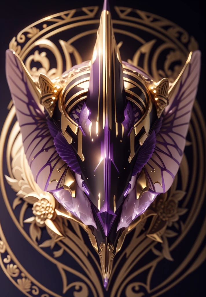 The whole face is a mixture of gold and purple，There are many gorgeous carvings all over the body，Let them coexist，Performed around the eyes. The entire surface should be a perfect purple and gold color，There are no other colors。Does not contain any other colors，Amethyst and gold，There should be a lot of crystals，Add some gold thread for decoration。The color changes to purple and gold，Some purple and gold（Ensure its layering and armor texture，Purple is the main color，Add some gold for decoration）