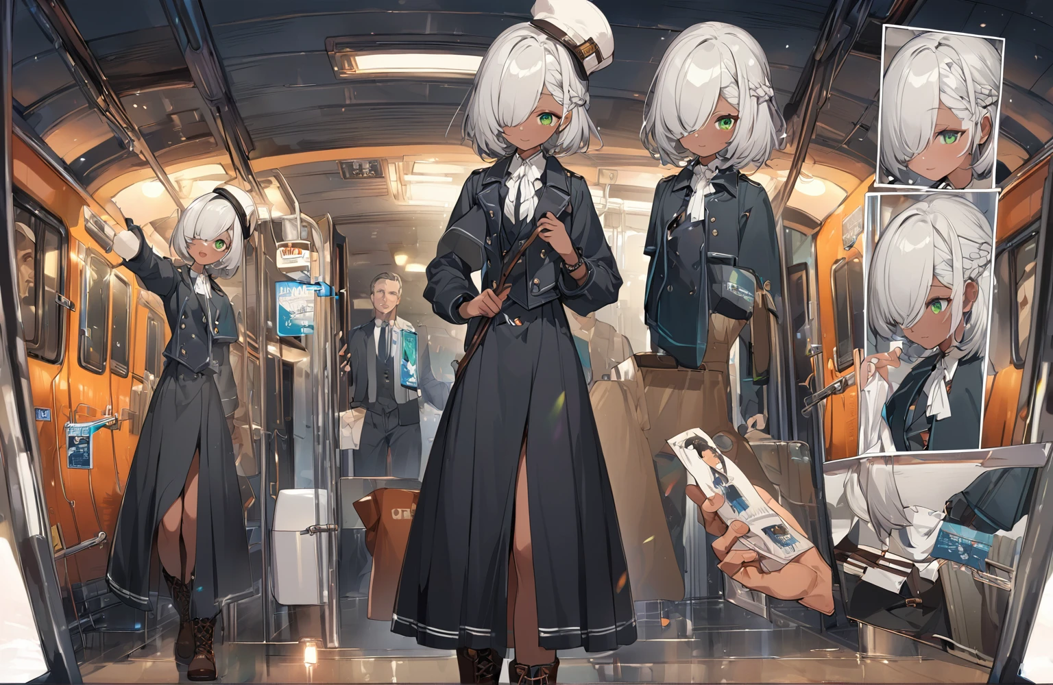 BREAK Perfect Anatomy、(High resolution:1.2)、Incredible illustrations、(Cute illustrations:1.2)、()(cinematic angle,ceiling,solo focus,) (Beautiful background) (reference sheet) 1girl(a (male focus,tom girl), 1.7meters, 45kg,,dark skin:2.5 ,green eyes,silver hair,hair over one eye,long french braid,lipstick:1.2)(light smile) (tyrolean hat,dark rail road man's coat,Vest jacket with lines,high slit long tight skirt,workman's boots) Conductor checking tickets inside the train