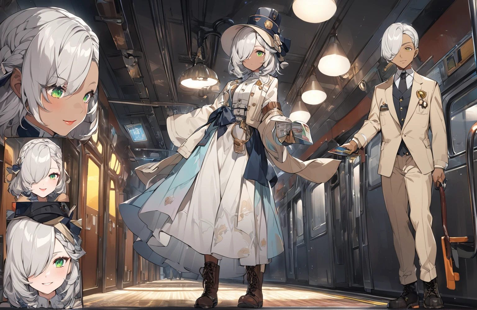 BREAK Perfect Anatomy、(High resolution:1.2)、Incredible illustrations、(Cute illustrations:1.2)、()(cinematic angle,ceiling,solo focus,) (Beautiful background) (reference sheet) 1girl(a (male focus,tom girl), 1.7meters, 45kg,,dark skin:2.5 ,green eyes,silver hair,hair over one eye,long french braid,lipstick:1.2)(light smile) (tyrolean hat,dark rail road man's coat,Vest jacket with lines,high slit long tight skirt,workman's boots) Conductor checking tickets inside the train