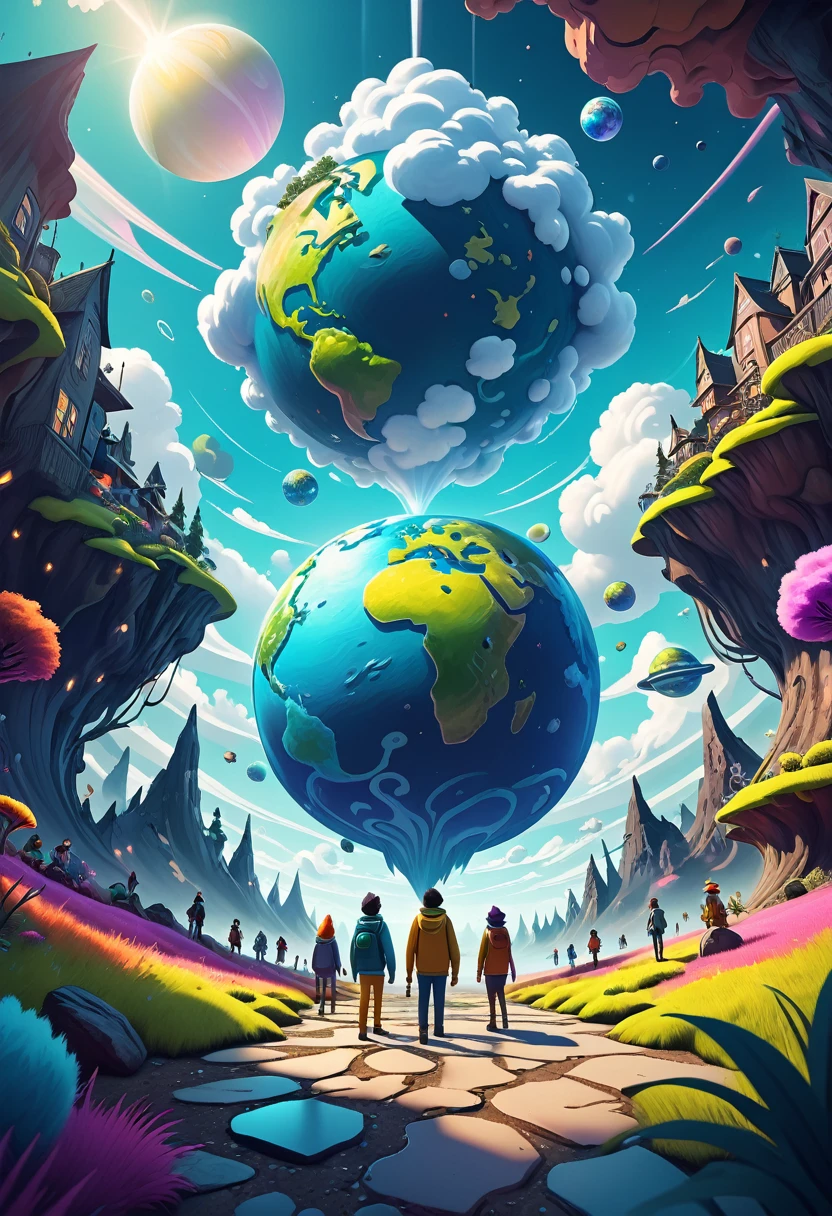 3d trippy fluffy cartoonish style  illustration of people on earth, artwork made in style of obscure , rendered in unreal engine, digital art,simple composition with interacting perspective depth and illusions