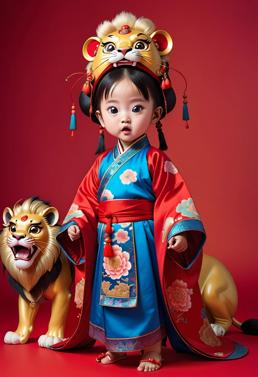 Magazine fashion photography, full body shot of a Chinese baby, Playful, exaggerated expressions,a Chinese beautiful baby in gorgeous Hanfu, wearing a Chinese gorgeous lion head on her head, big eyes, , Sikkim red blue,red background, minimalism, Surrealism, master works, fine details