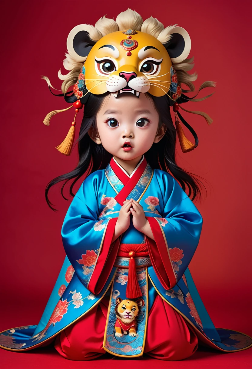 Magazine fashion photography, full body shot of a Chinese baby, Playful, exaggerated expressions,a Chinese beautiful baby in gorgeous Hanfu, wearing a Chinese gorgeous lion head on her head, big eyes, , Sikkim red blue,red background, minimalism, Surrealism, master works,   fine details