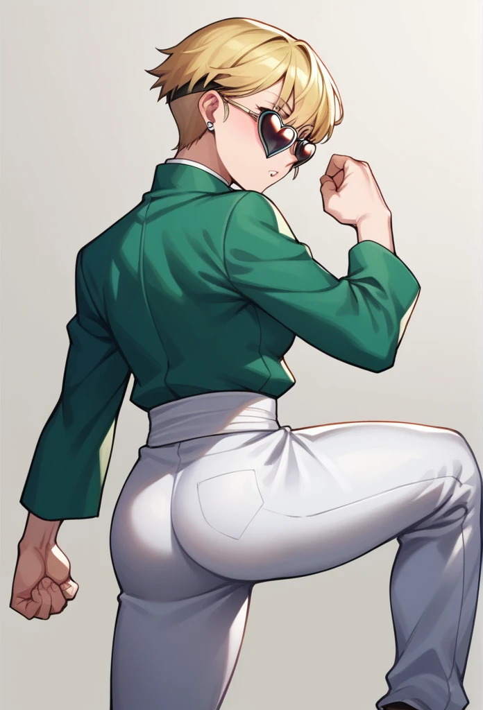 Green jacket, heart sunglasses, white pants, short blonde hair, karate stance