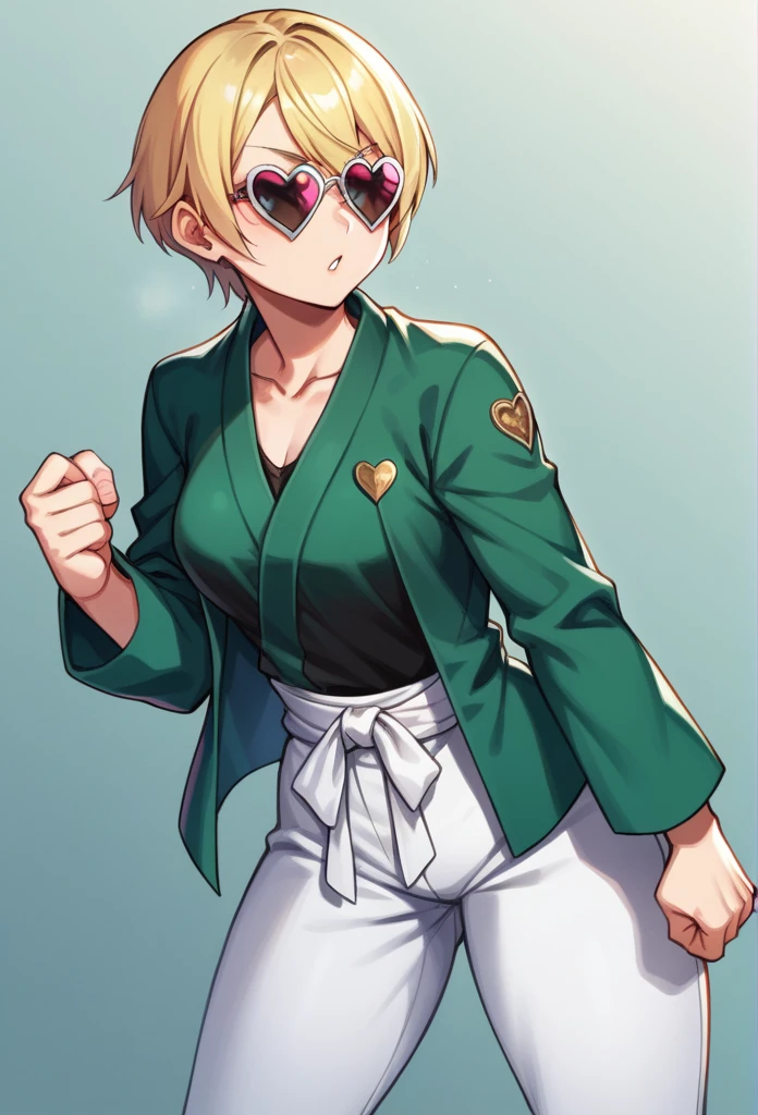 Green jacket, heart sunglasses, white pants, short blonde hair, karate stance