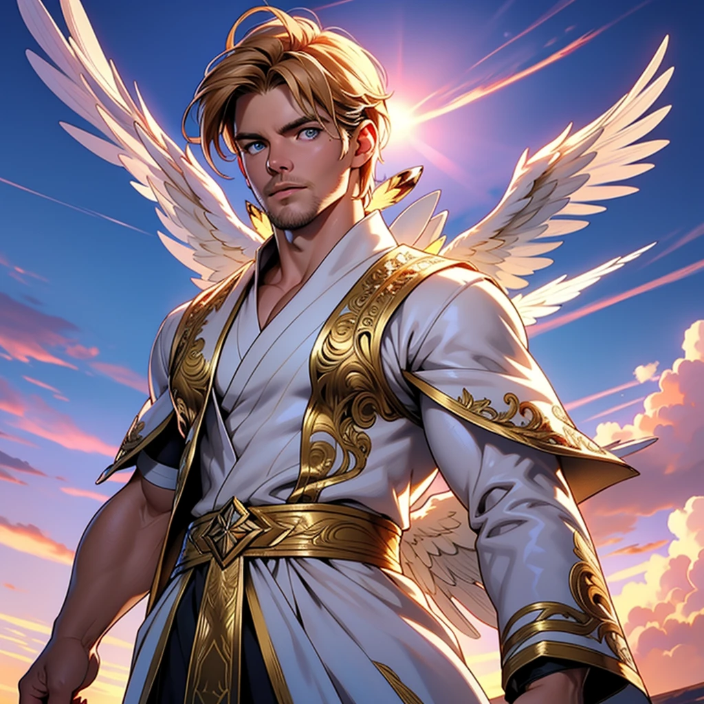 32k,masterpiece, best quality, detailed face, natural eyes,1man, solo mature man, muscled and mature, stephen amell as an angel , wearing a see thru transparent robe with golden embroidery , wearing 2 very large angel's wings , showing muscles ,floating and flying in the sky with clouds , full body, intricate Detailed background at sunset