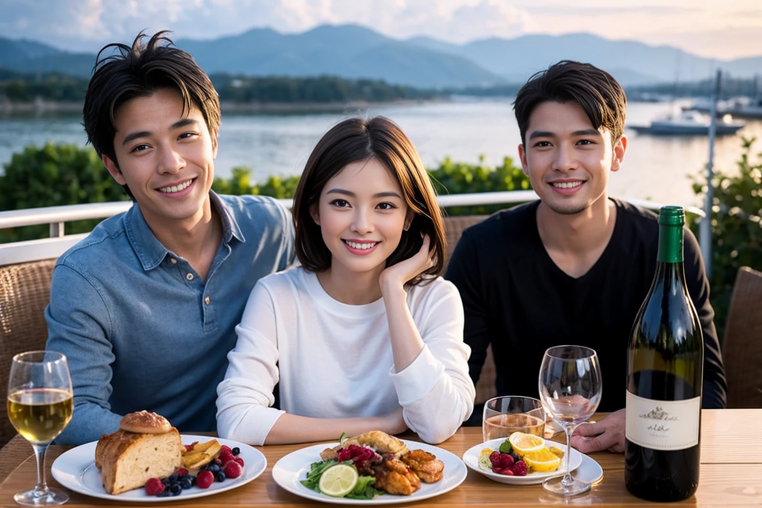 ((Highest quality、、masterpiece:1.3))、1 male、1 female、39 years old 44 years old、Slim Beauty、Beautiful couple、smile、 (Slim face), (the body is スリム), (Brown Hair), (Shortcuts), テーブルのフルコースディナーとwine glass、Amazing view of the sunset sky and clouds、smileの美しさ、Wine bottle、sparkling wine、Long sleeve shirt、dress、White wine, red wine, wine glass,