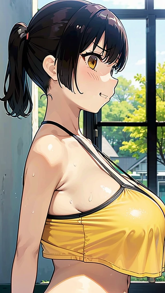 topless, Big Breasts, ぬるぬるのBig Breasts, Sweaty breasts, sasaki kanna, Twin tails, smug face, Grin, titfuck , Yellow sports bra, , , She has a childlike figure but her breasts are big, Zuo々city