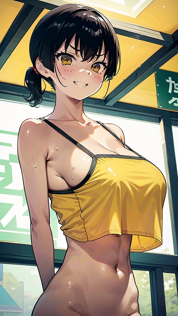 topless, Big Breasts, ぬるぬるのBig Breasts, Sweaty breasts, sasaki kanna, Twin tails, smug face, Grin, titfuck , Yellow sports bra, , Elementary school girl, She has a childlike figure but her breasts are big, Zuo々city