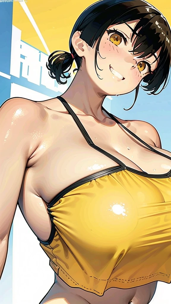 topless, Big Breasts, ぬるぬるのBig Breasts, Sweaty breasts, sasaki kanna, Twin tails, smug face, Grin, titfuck , Yellow sports bra, , , She has a childlike figure but her breasts are big, Zuo々city