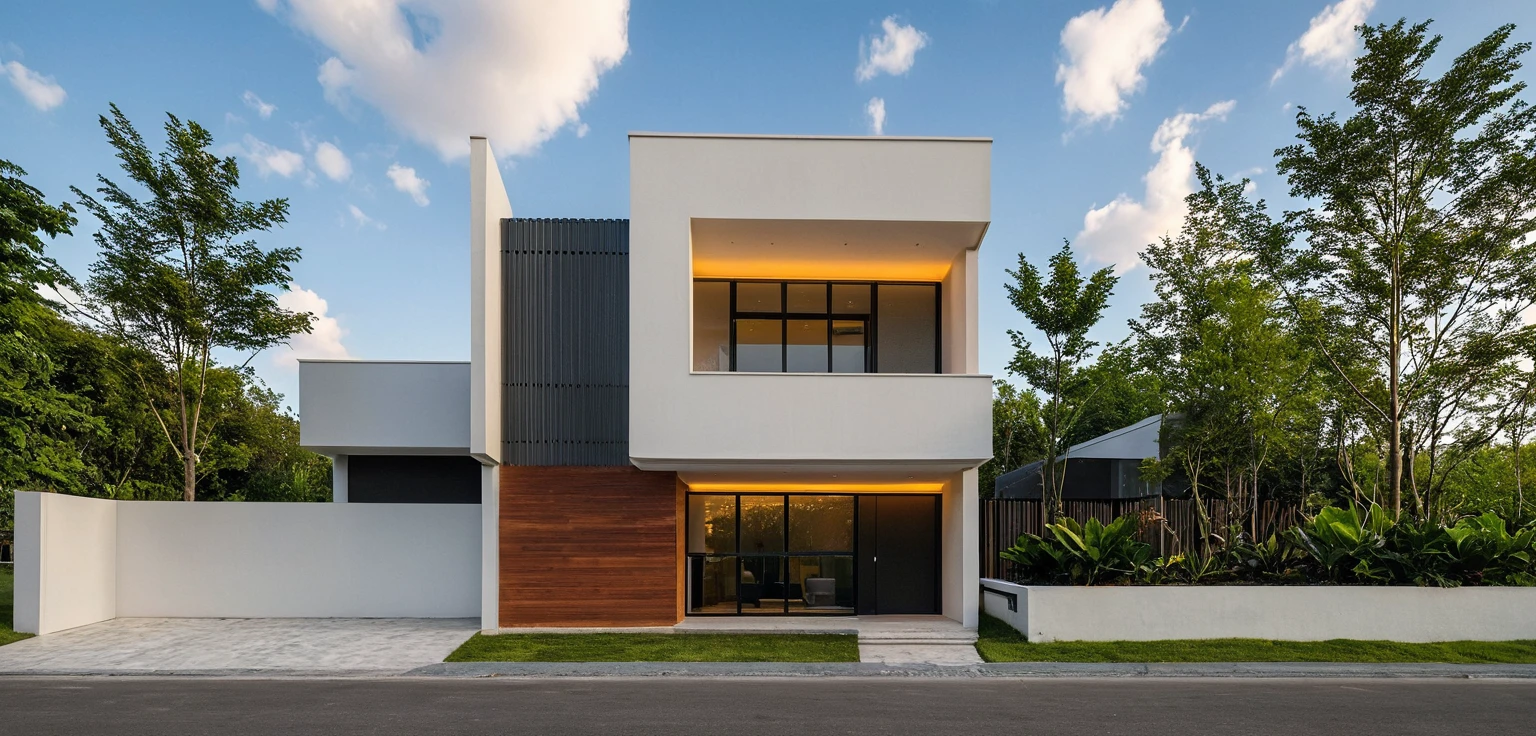 Masterpiece, high quality, best quality, authentic, super detail, outdoors, onestoreyvillaXL, aiaigroup, house style modern on the street ,stairs, white wall ,road,pavement, grass, trees, sky, cloud, (daylight:1.1)