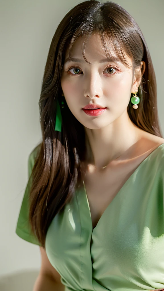 1 girl, national foundation, ((8k, raw, masterpiece: 1.5)), (Professional photography, sharp:1.2), Perfect dynamic composition, (Natural sun light), (soft shadow), (Perfect body:1.4), (((skinny figure))), ((huge round breasts: 1.35)), (((((medium long hair,bangs))))), Ultra-detailed faces and skin, perfect asian, White skin, (Delicate skin:1.4), (latex skin:0.4), (perfect glowing skin:0.6), light brown eyes, beautiful eyes, round eyes, pretty face, blush, glossy lips, ((plump lips)), glossy eyes, Really moist skin, looking at camera, Elegant pearl necklace, Elegant earrings, minimalist, (((green shirtdress)))