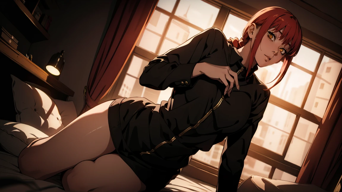 The character Makima from the anime series Chainsaw Man, fragile, full length (Full body 1.1.), dark background, darkness, Correct anatomy 1.1, holds his hands behind his back, correct hand anatomyVery sexy, erotica, very feminine, beautiful figure, legs, buttocks, Beautiful body, red hair, orange eyes, Red circles for schoolchildren, summer dress, sexy pose, realistic, very detailed, Beautiful body, detailed body, detailed hands, detailed, Vibrating, detailed Face, Makima character design. very detailed, detailed body, detailed hands, detailed Face, anime art, Hugh Details, Very downcast face, detailed eyes, Super thin illustration, best shadow, Fine detail, beautiful detailed glow, beautiful detailed, Extraordinarily beautiful, extremely detailed, inexpressive, epic composition, Anime style. anime art anime art, Anime style,