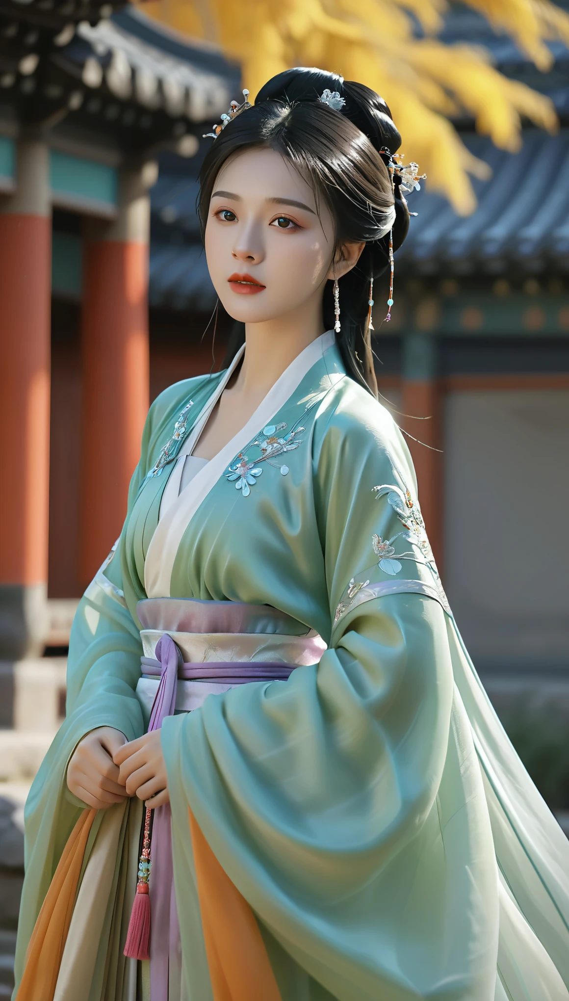 Ultra realistic, Intricate, Epic movie scene),1girl,hanfu,full body,(huge breasts:1.7), casting an otherworldly radiance on its surroundings,(Intricate, Lots of tiny details, amazing lighting, amazing setting),(Colorful, Ultra Realistic, High quality, Highly detailed, Sharp focus, 8K UHD, Ultra realism，(smile:0.3)