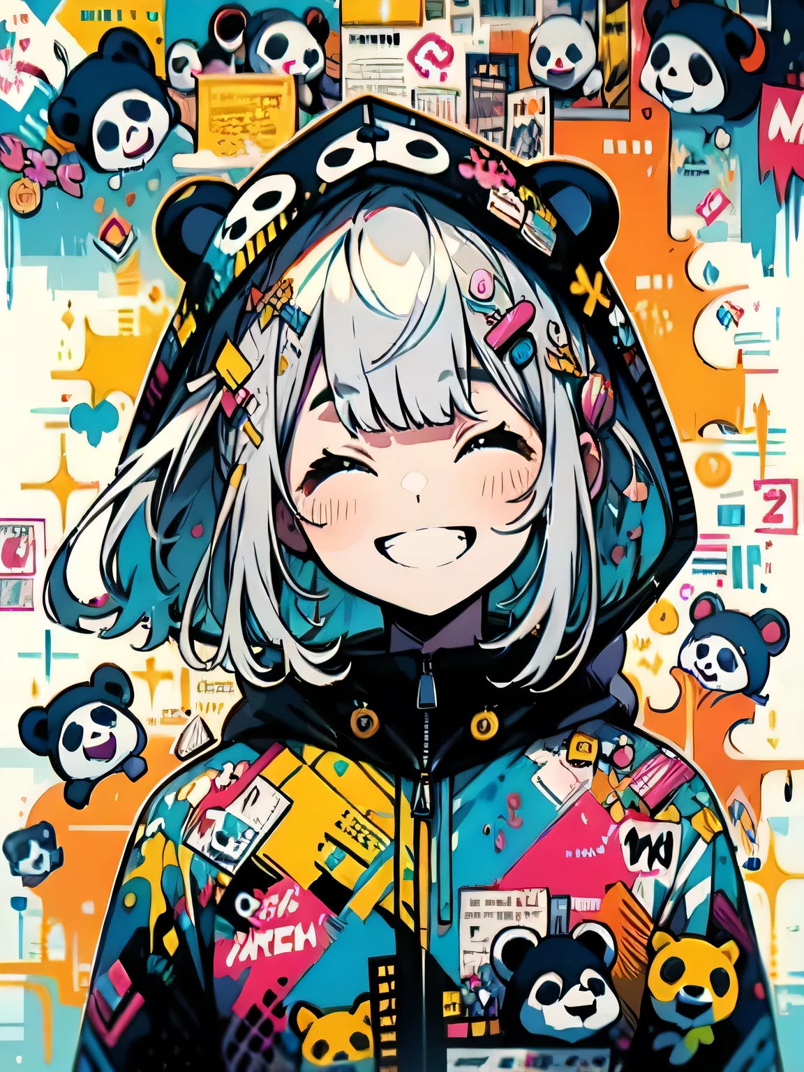 from above:1.3,solo,(blunt bangs),closed eyes smile,purple panda hoodie,happy punch action,grin,underfull graffiti,