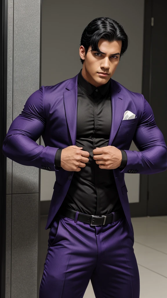 1man,1boy,muscualr,black hair,purple eyes, trained, suit