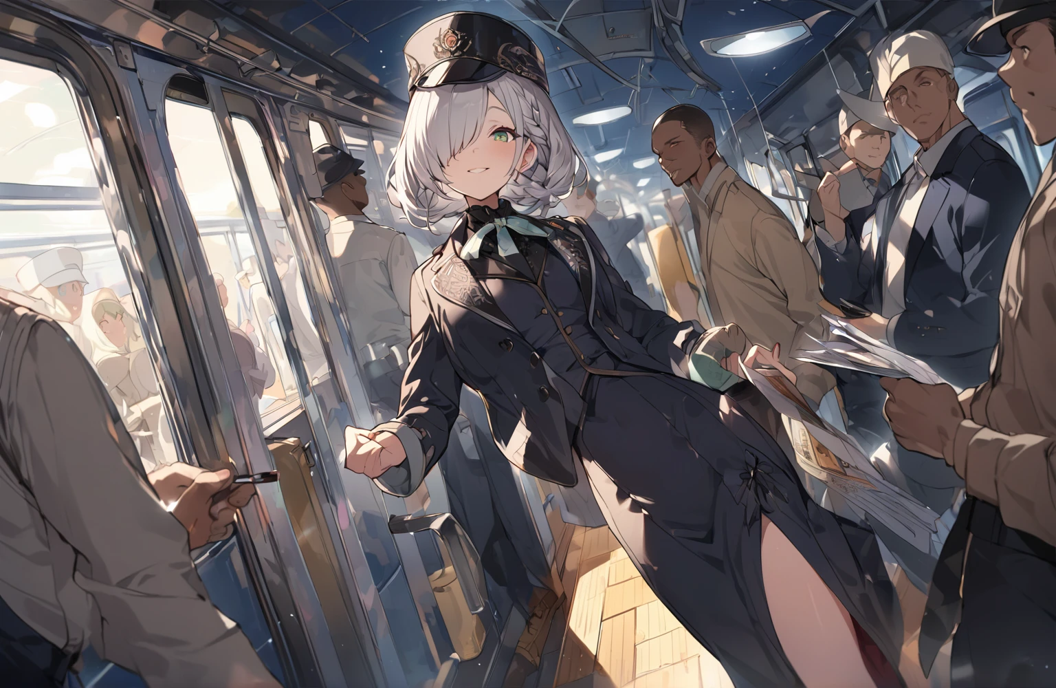 BREAK Perfect Anatomy、(High resolution:1.2)、Incredible illustrations、(Cute illustrations:1.2)、()(cinematic angle,ceiling,solo focus,) (Beautiful background) (to many pose) 1girl(a (male focus,tom girl), 1.7meters, 45kg,,dark skin:2.5 ,green eyes,silver hair,hair over one eye,long french braid,lipstick:1.2)(light smile) (tyrolean hat,dark rail road man's coat,Vest jacket with lines,high slit long tight skirt,workman's boots) Conductor checking tickets inside the train