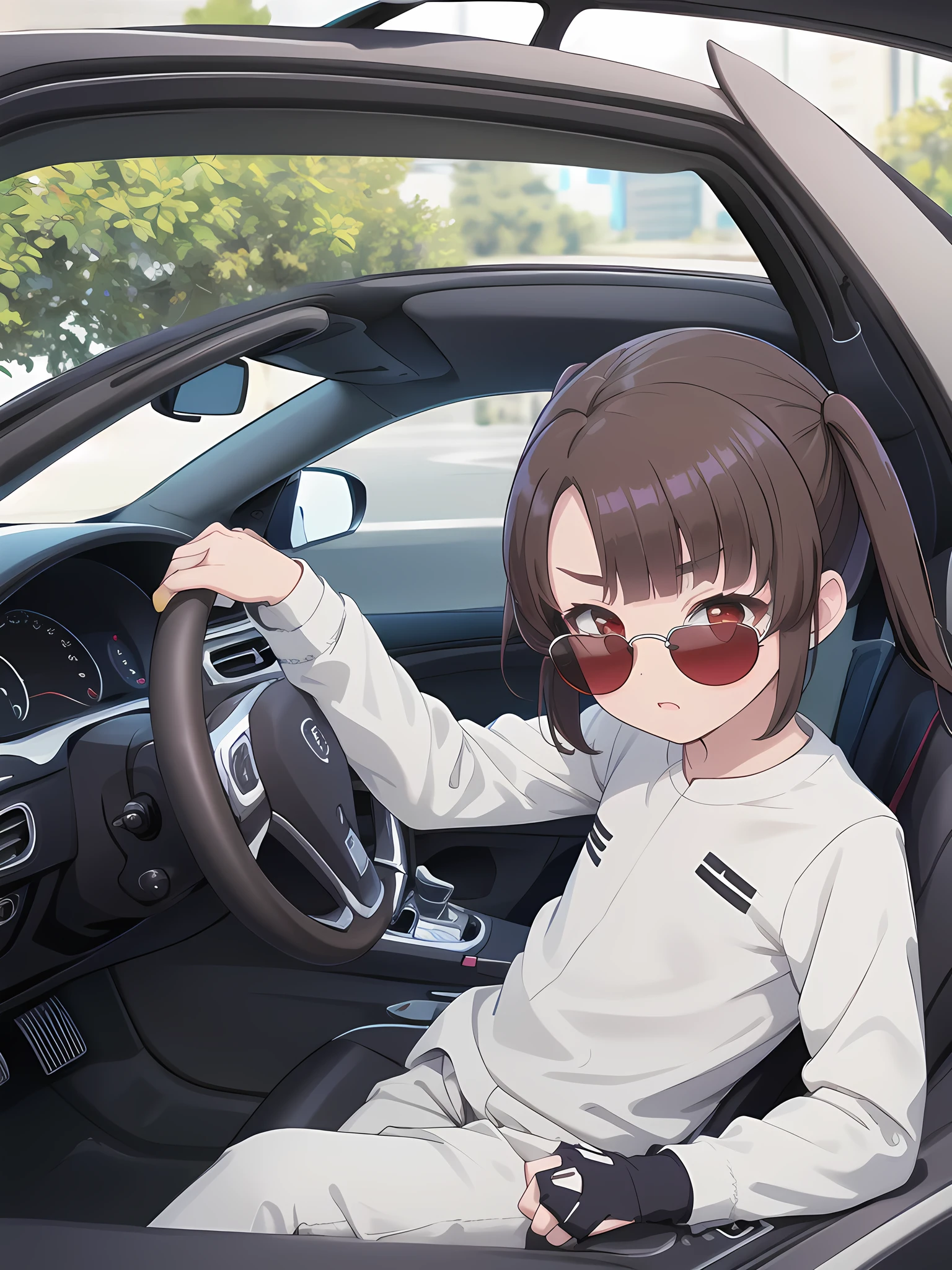 In the car,convertible,Sitting,((Behind the wheel of a car)),Looking Ahead,driving,1 Girl, solo, Red eyes,((Wearing sunglasses)),, Twin tails, brown hair,crawling,((顔 focus)),upper body,White long sleeve shirt,Grey slacks, bangs, eyebrows visible through hair, Flat Chest, 