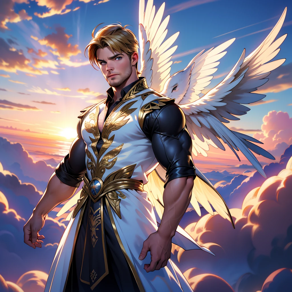 32k,masterpiece, best quality, detailed face, natural eyes,1man, solo mature man, muscled and mature, stephen amell as an angel , wearing a see thru transparent robe with golden embroidery , wearing 2 very large angel's wings , showing muscles ,floating and flying in the sky with clouds , full body, intricate Detailed background at sunset