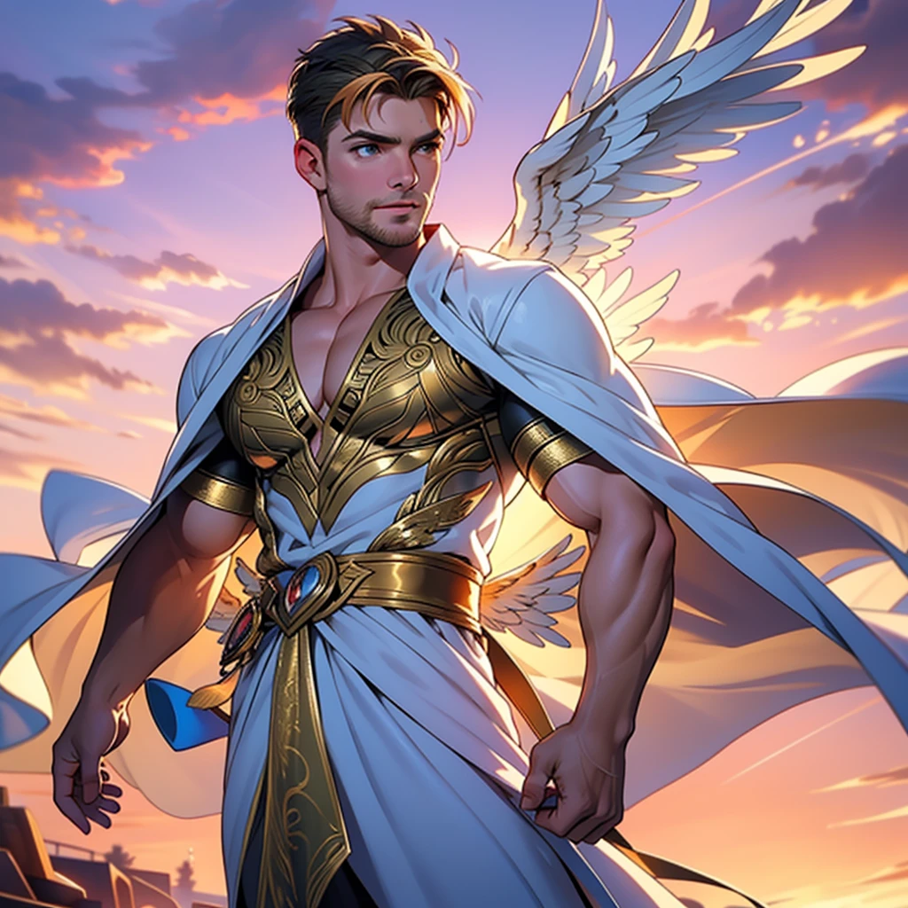 32k,masterpiece, best quality, detailed face, natural eyes,1man, solo mature man, muscled and mature, stephen amell as an angel , wearing a see thru transparent robe with golden embroidery , wearing 2 very large angel's wings , showing muscles ,floating and flying in the sky with clouds , full body, intricate Detailed background at sunset