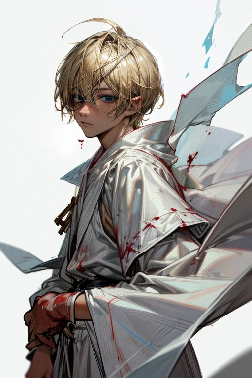 Blond boy with blue eyes，Priest white robe，Blood on the white robe，Realism， crazy，High level of detail。