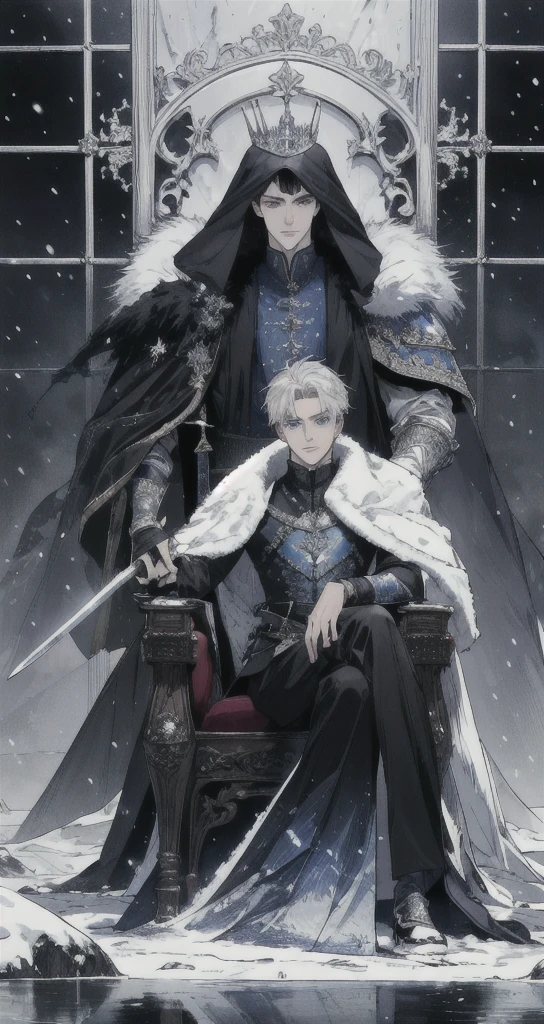 ((Masterpiece)),((best quality)),((Highly detailed)),((realistic,)) Very detailed), (Masterpiece), (best quality), (วอลล์เปเปอร์ 8k ที่มีรายVery detailed),Masterpiece,best quality,มีรายVery detailed,complicated,1 man,handsome faceสมบูรณ์แบบ,muscular man,detailed face,mischievous face,blue eyes,Open your eyes.,reflection of the eyes,Open your eyes., look at viewer,Manly,short hair|Black hair, black prince outfit,(Shining Crystal Throne),dynamic poses,Dramatic angle,movie light,surrounded by snow, Masterpiece,Very detailed,Sitting on the big ice throne, (white throne),Holding a large sword.,holding a sword on the throne, Fantasy, Realistic photos, hyperrealism, Highly detailed, movie light, man wearing black armor,long black fur shawl,black veil,black veil,Face details, sharp details,black slender eyebrows,handsome face, short hairสีดำ, blue eyes,have muscles, handsome faceเหลา, Sit on the throne., white ice power, snow power, The surrounding white snow scene