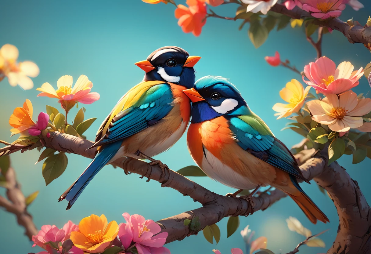 Two beautiful little colorful birds perched on a tree branch with flowers in the background, Kiss on the cheek,Beautiful digital art, Colors with attention to detail, Highly detailed digital artwork, cgsociety, 3DCG,Highly detailed color low poly art, Highly detailed digital art, Vibrant and realistic colors, Beeple and Jeremiah Kettner, Colorful digital painting, Amazing digital illustrations, high quality digital painting