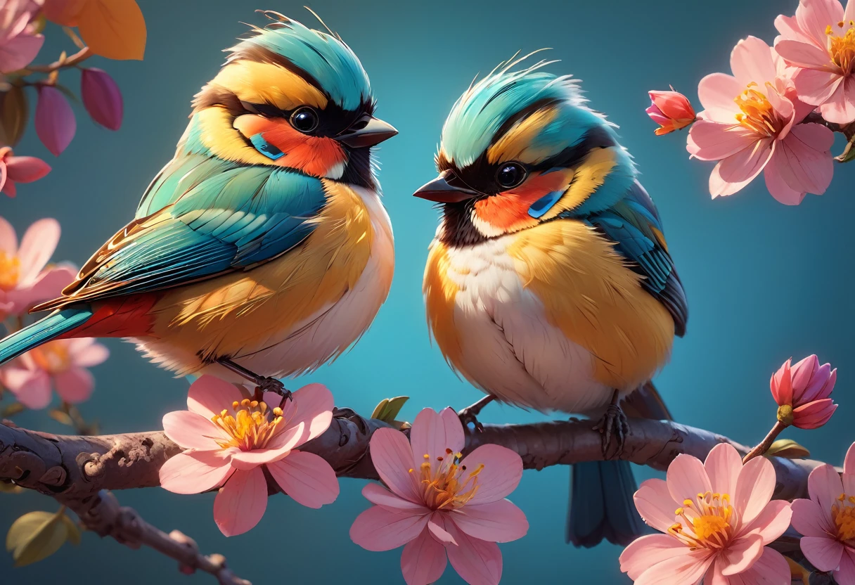 Two beautiful little colorful birds perched on a tree branch with flowers in the background, Kiss on the cheek,Beautiful digital art, Colors with attention to detail, Highly detailed digital artwork, cgsociety, 3DCG,Highly detailed color low poly art, Highly detailed digital art, Vibrant and realistic colors, Beeple and Jeremiah Kettner, Colorful digital painting, Amazing digital illustrations, high quality digital painting
