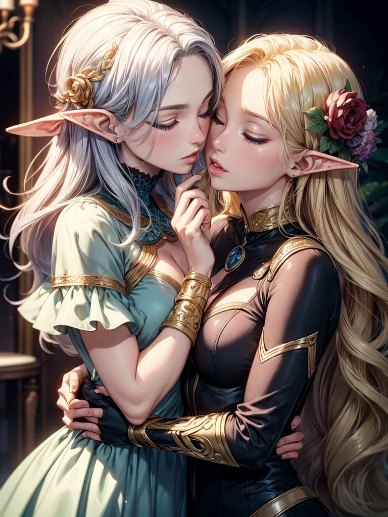 ((Meisterwerk, high quality, artgerm, artstation, vibrant colors, elven woman, eyes closed)), intricate ultra detailliert, vibrant color, hohe Details, a painting of two women in dresses kiss each other, lesbische Kunst, Magali Villeneuve und Monet, LGBT-Kunst, inspired von Magali Villeneuve, magali villeneuve', detaillierte Fantasy-Kunst, lesbische Umarmung, Kunst im Fantasy-Stil, beautiful fantasy art, kiss together cutely, Sapphische Kunst, lesbischer Kuss, von Magali Villeneuve, kiss each other, kiss together