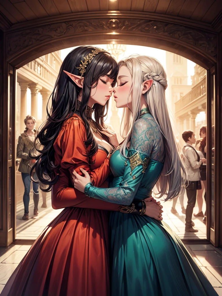 ((Meisterwerk, high quality, artgerm, artstation, vibrant colors, elven woman, eyes closed)), intricate ultra detailliert, vibrant color, hohe Details, a painting of two women in dresses kiss each other, lesbische Kunst, Magali Villeneuve und Monet, LGBT-Kunst, inspired von Magali Villeneuve, magali villeneuve', detaillierte Fantasy-Kunst, lesbische Umarmung, Kunst im Fantasy-Stil, beautiful fantasy art, kiss together cutely, Sapphische Kunst, lesbischer Kuss, von Magali Villeneuve, kiss each other, kiss together