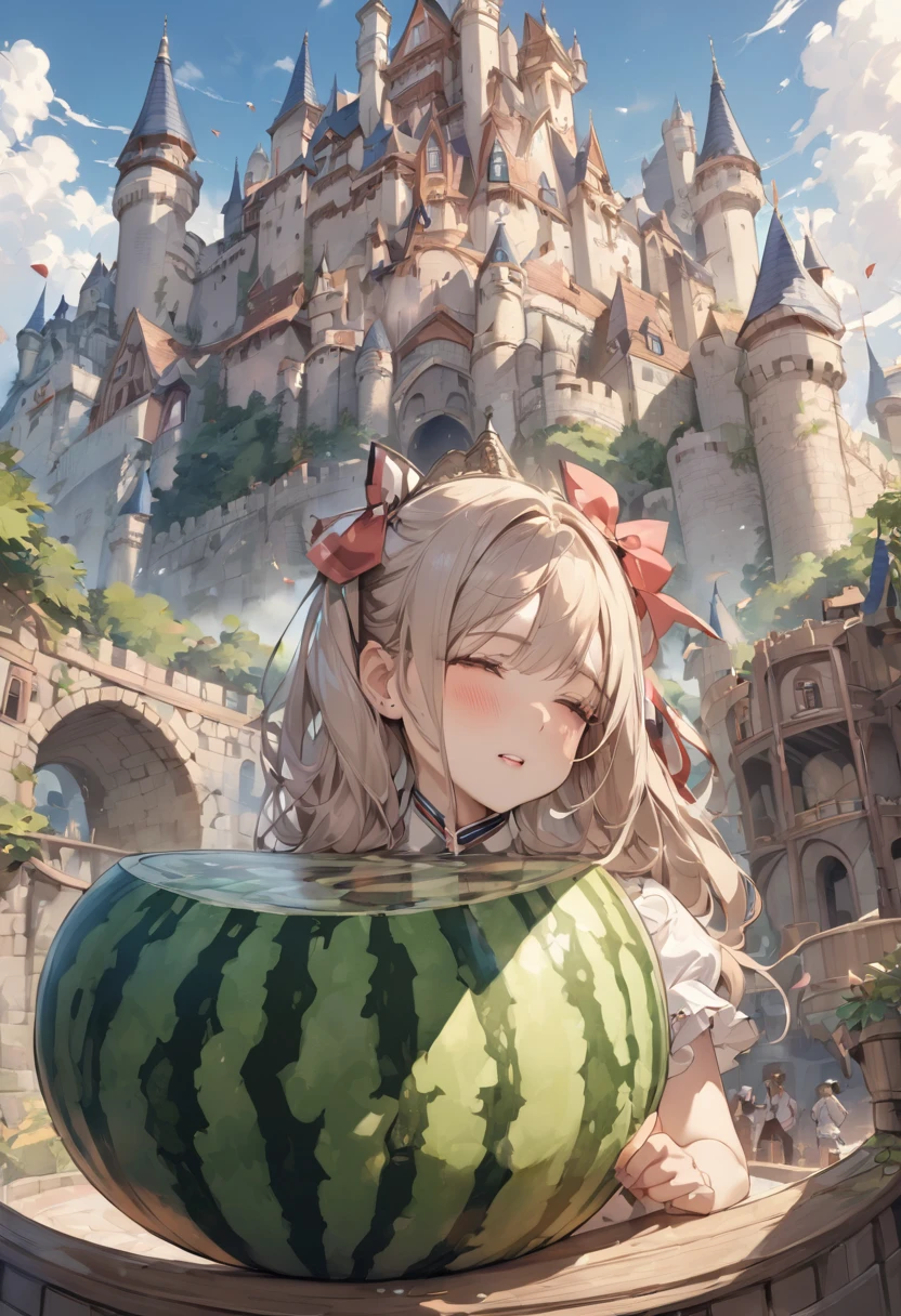 panoramic, (A stadium-sized watermelon Falling from the sky, into the castle), background castle town, BREAK, masterpiece, best quality, 16k, beautiful detailed watermelon, daydreaming expression.