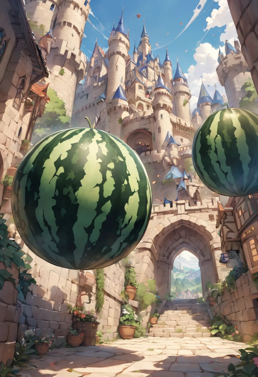 panoramic, (A stadium-sized watermelon Falling from the sky, into the castle), background castle town, BREAK, masterpiece, best quality, 16k, beautiful detailed watermelon, daydreaming expression.