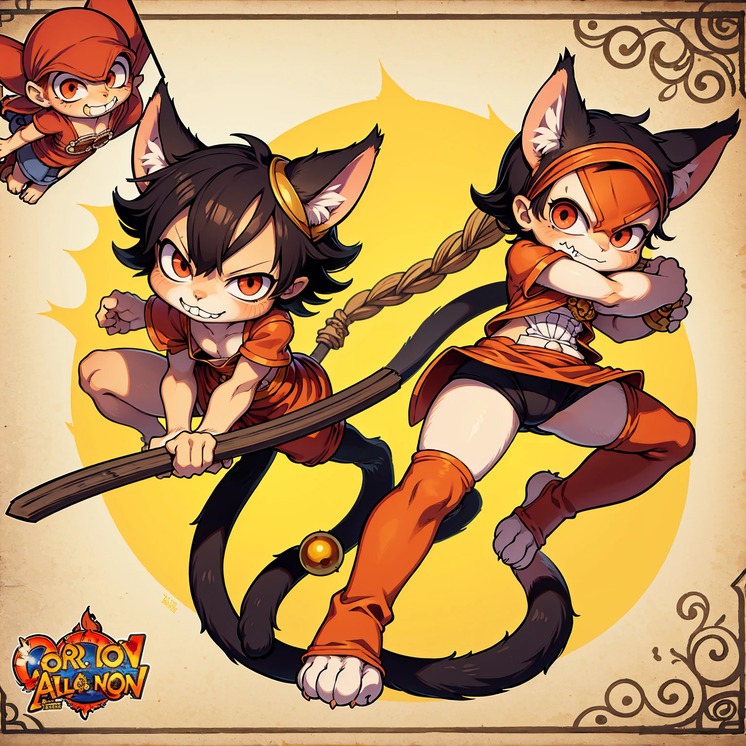 one cat warrior character, cat ears, furry, (full body:1.2) , chibi, advanced digital chibi art, g liulian art style, maplestory mouse, bian lian, chibi art, league of legends art style, character art of maple story, ((view at the viewer)), (((luffy costume, one piece monkey d luffy))), poster