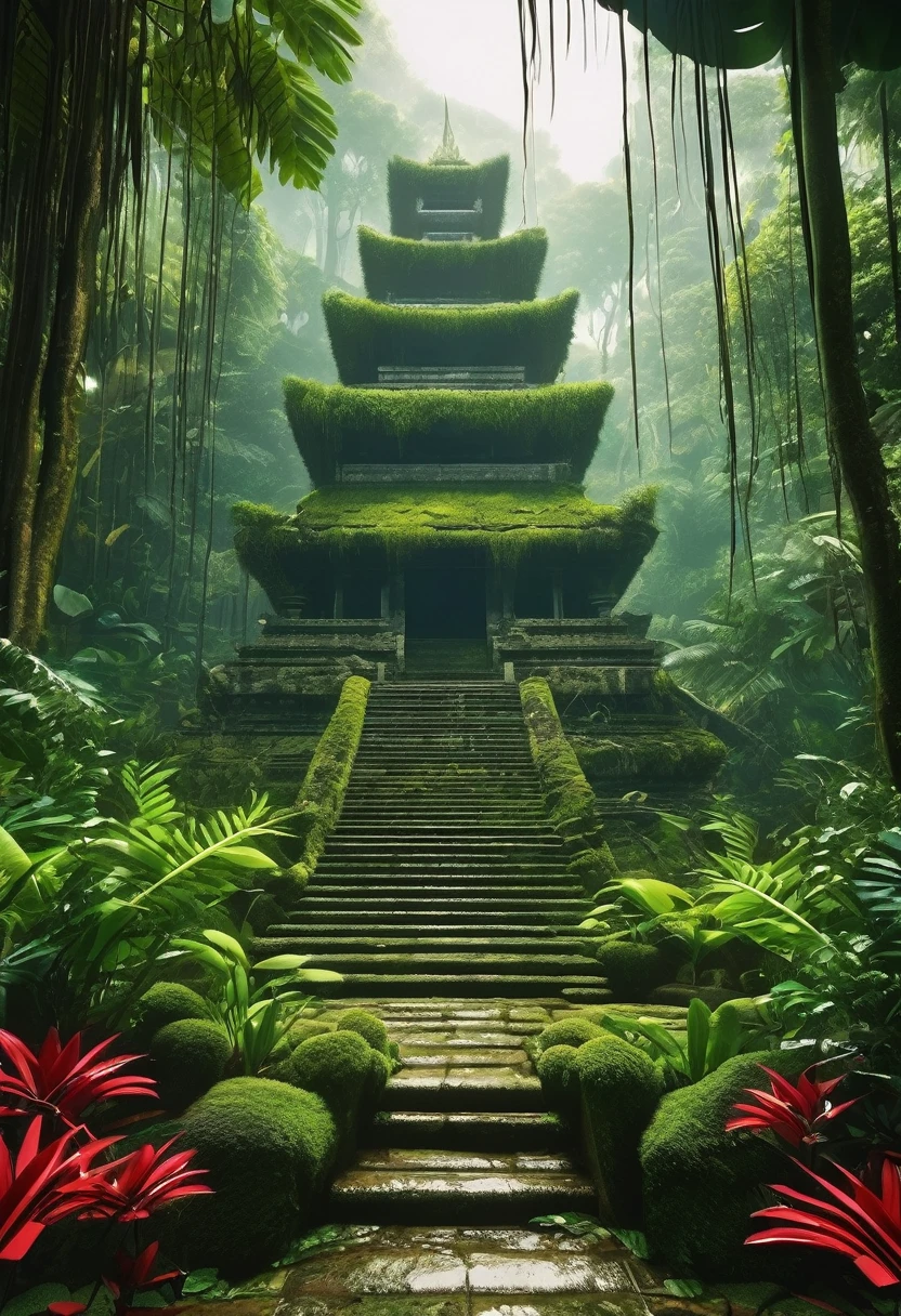  anime aestetics, anime scenery, daytime, rainforest, jungle, stone temple in the jungle, civered in moss, wines everywhere, downpour, strong, rain, mystic atmosphere, ancient structure, ttall tress, jungle plants, huge leavesm, beautifl big red jungle flowers, predator plants, perspective, atmospheric perspective, wide shot, highres, 4K, 8k, award winning, super detail, masterpiece