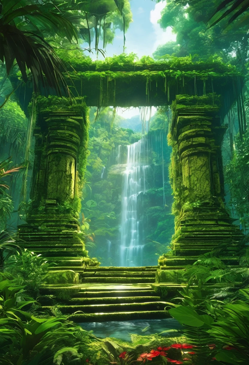  anime aestetics, anime scenery, daytime, rainforest, jungle, stone temple in the jungle, civered in moss, wines everywhere, downpour, strong, rain, mystic atmosphere, ancient structure, ttall tress, jungle plants, huge leavesm, beautifl big red jungle flowers, predator plants, perspective, atmospheric perspective, wide shot, highres, 4K, 8k, award winning, super detail, masterpiece