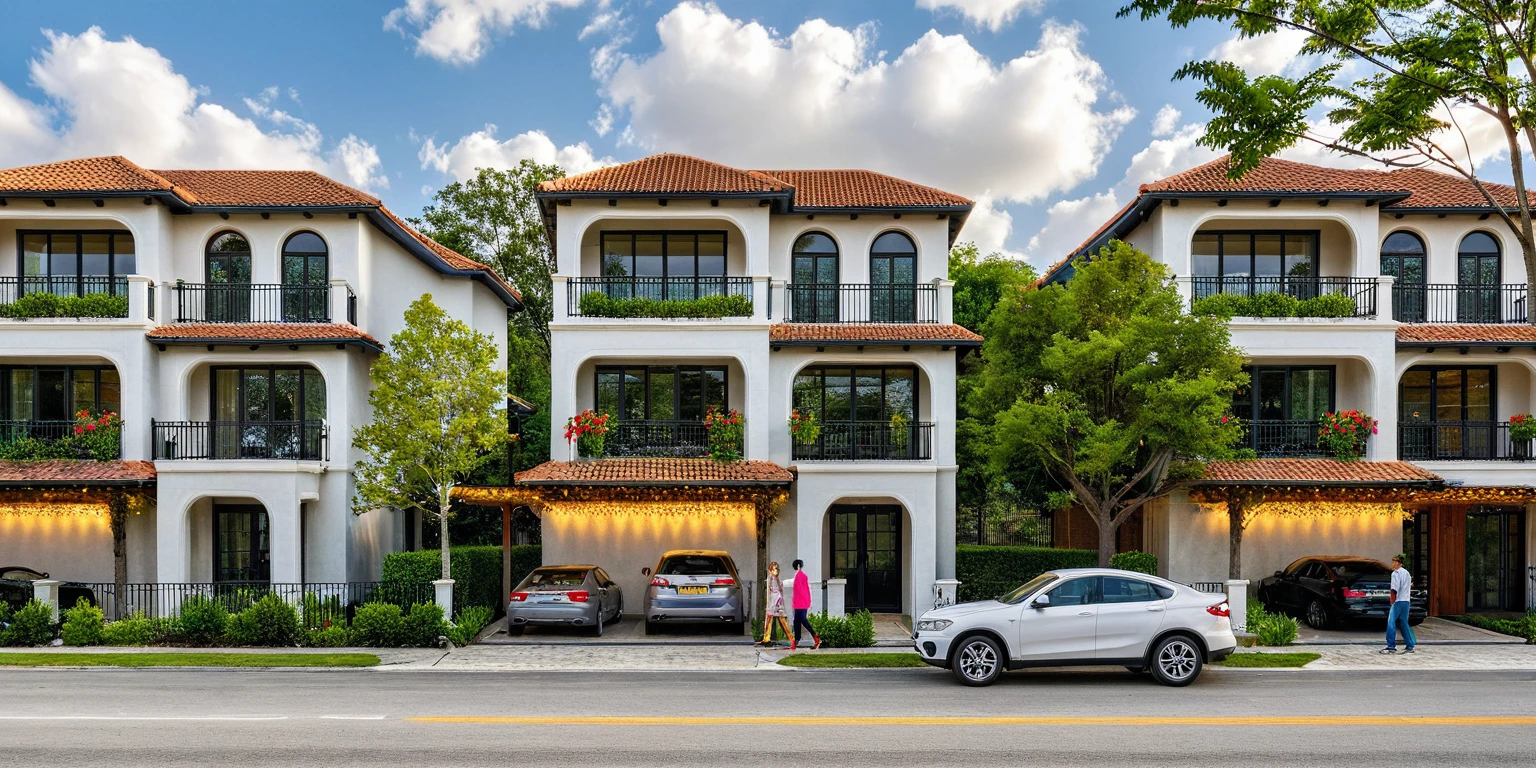 Masterpiece, high quality, best quality, authentic, super detail, outdoors, onestoreyvillaXL, aiaigroup, house style modern on the street ,stairs, white wall ,road,pavement, grass, trees, sky, cloud, (daylight:1.1), (colorful flower:2)