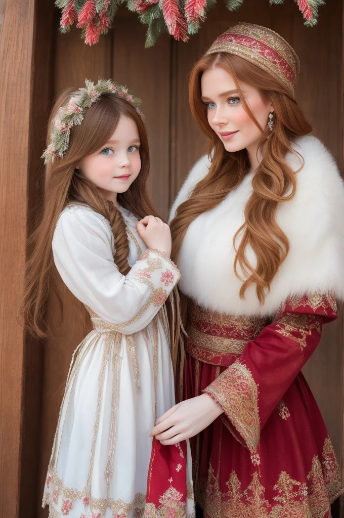 A gorgeous, pretty, shiny, kind-hearted, warm-hearted, sweet, polite, sensitive, friendly, charming, graceful, stylish, classy, alluring, majestic, ethereal, angelical ginger long haired russian woman dressed in traditional folk winter costumes. She's with a little cute girl.