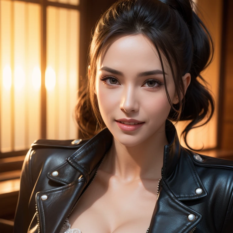 a gorgeous busty woman,beautiful detailed eyes,beautiful detailed lips,extremely detailed face,long eyelashes,ponytail,leather jacket,lady bikers,beautiful detailed smile,beautiful detailed teeth,pov,lovers,cinematic dramatic lighting,best quality,4k,8k,highres,masterpiece,ultra-detailed,realistic,photorealistic,photo-realistic,hdr,uhd,studio lighting,ultra-fine painting,sharp focus,physically-based rendering,extreme detail description,professional,vivid colors,bokeh,portrait,photorealistic,cinematic