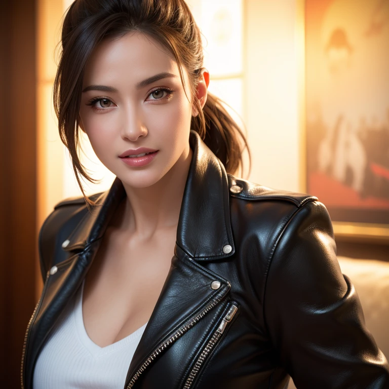 a gorgeous busty woman,beautiful detailed eyes,beautiful detailed lips,extremely detailed face,long eyelashes,ponytail,leather jacket,lady bikers,beautiful detailed smile,beautiful detailed teeth,pov,lovers,cinematic dramatic lighting,best quality,4k,8k,highres,masterpiece,ultra-detailed,realistic,photorealistic,photo-realistic,hdr,uhd,studio lighting,ultra-fine painting,sharp focus,physically-based rendering,extreme detail description,professional,vivid colors,bokeh,portrait,photorealistic,cinematic