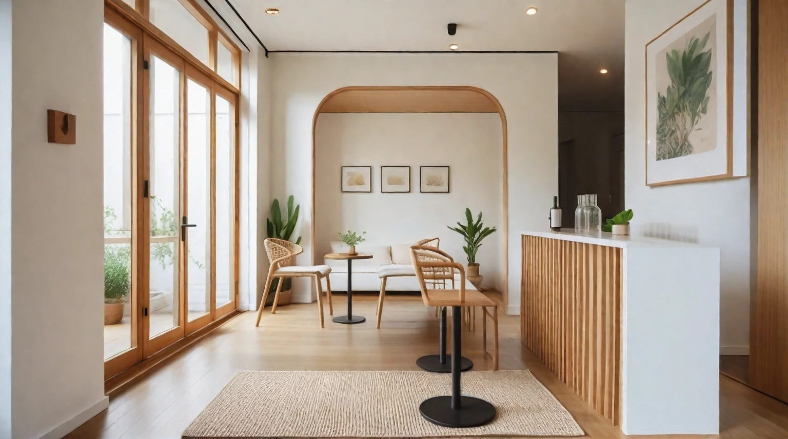 Minimalist Muji-style cafe-bar in living room, cafe-bar furniture, door on the left, interior house on the right, neutral color palette, natural materials, soft lighting, low-profile white couch, wooden chair, natural wood coffee table, indoor plants, minimalist wall art, woven rug, natural light, tranquility, functionality, harmonious blend,
The scene is enhanced by a shallow depth of field, with the focus on the detailed table setting and a bokeh background, creating a serene and sophisticated ambiance. ((8k)), high quality detail, cozy and elegant environment, artistic and inviting.
depth of field camera, 50mm, ((8k)), high quality detail, soothing and elegant ambiance. , ((8k)), ((UHD)), 8k, high quality detail, realistic photo, luxurious, beautiful, modern, soothing, cozy, peaceful, cottagecore