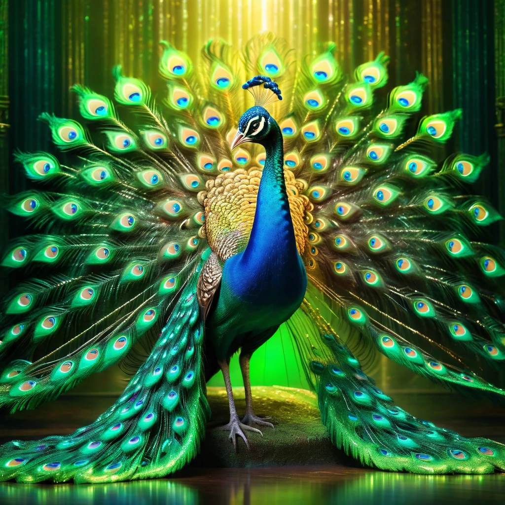 Peacock，Front upright，（Green body，Crystal sparkle），Peacock开屏，Looking at the audience，fantasy，Colorful tones，masterpiece，Dramatic ethereal beauty，Panoramic view：1.2，Three light sources，reflected light