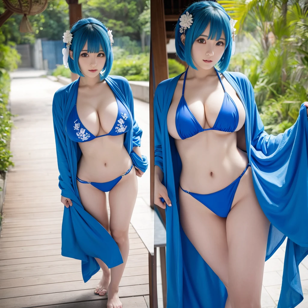 Blue bob-haired shrine maiden Big Breasts Blue clothes Beauty Ridiculous Swimsuit M-shaped legs in a bikini