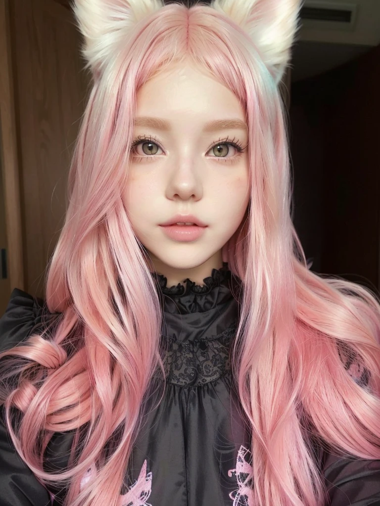 a close up of a doll with pink hair and a cat's face, very beautiful fluffy kitten, attractive cat girl, Beautiful Delfina, Sakimichan, with pink hair, blonde hair with pink highlights, beautiful young kitten, cute anime cat girl, light pink hair with pink flames, wig, very beautiful anime cat, fairy core, pink straight hair